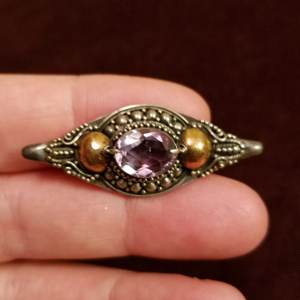 Vintage Edwardian silver, amethyst, brass collar pin